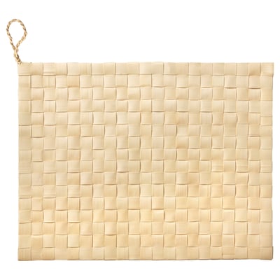 Set de table en palmier tissé beige naturel avec poignée en boucle, fabriqué à la main pour un charme rustique.