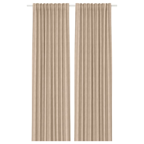 Une paire de rideaux beiges MAISTANGG , mélange coton-jute doux avec des rayures verticales et des points texturés, pendant droits.