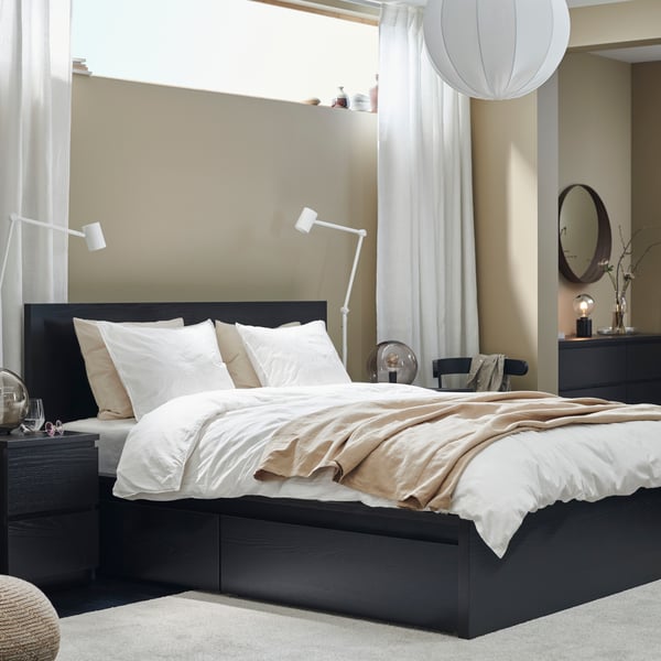 MALM Cadre de lit, haut, 2 rangements, brun noir, 160x200 cm