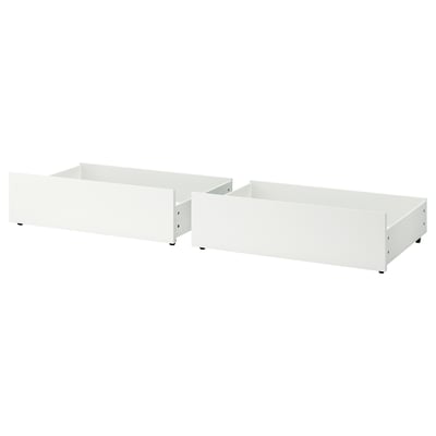 Deux boîtes de rangement MALM rectangulaires blanches aux bords lisses et à la construction robuste, idéales pour le rangement sous le lit ou les meubles.