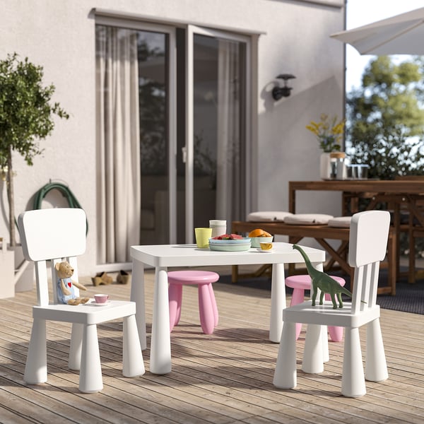 Set de table d’extérieur pour enfants : MAMMUT blanc, compact, plastique, avec petites chaises, dinosaure et ours jouet, bol, tasses.
