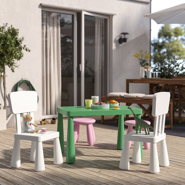 Ensemble de table pour enfants lumineux avec des chaises blanches, une petite table verte et des tabourets roses. Parfait pour jouer à l’extérieur, léger et facilement déplaçable.