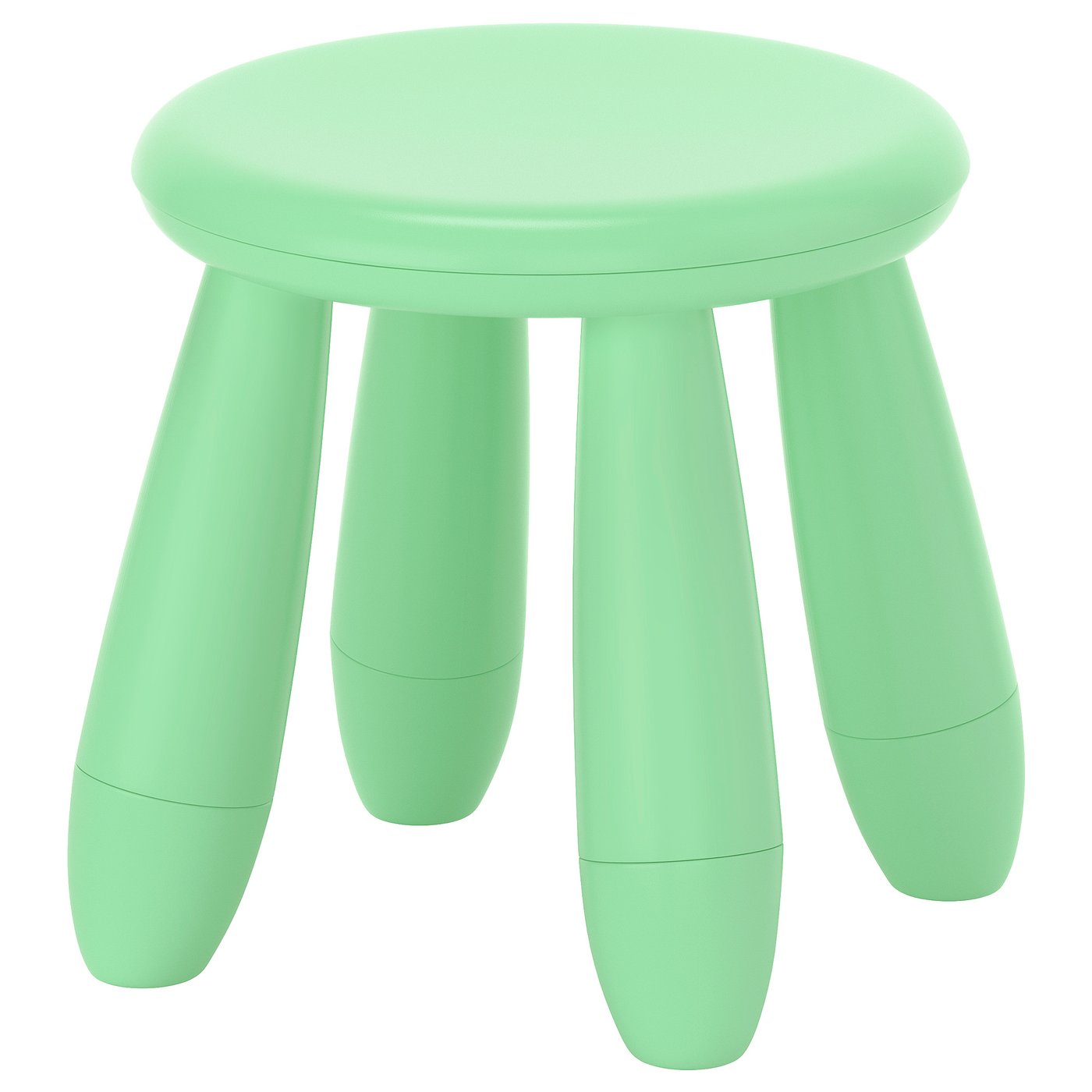 Un tabouret rond vert clair nommé MAMMUT, en plastique durable, conçu pour une utilisation extérieure et intérieure des enfants.