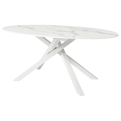 Table à manger ovale - MARIEDAMM, blanche, pieds croisés, design moderne.