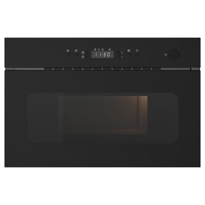 Micro-ondes intégré noir moderne avec panneau de commande et affichage numérique sur le dessus.