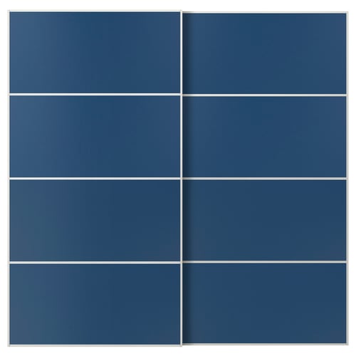 Une grille carrée de huit panneaux de porte coulissante bleus, des cadres pax assortis, un design simple et moderne.