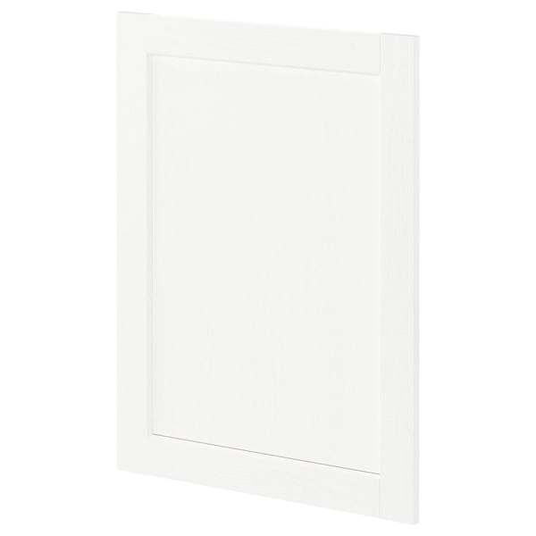 Affiche une porte d’armoire de cuisine METOD en blanc avec une subtile texture de grain de bois. Son rectangulaire, avec un design lisse et moderne.