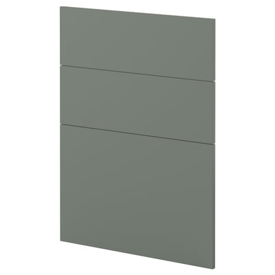 Façades de tiroirs modulaires d’armoires de cuisine gris-vert.