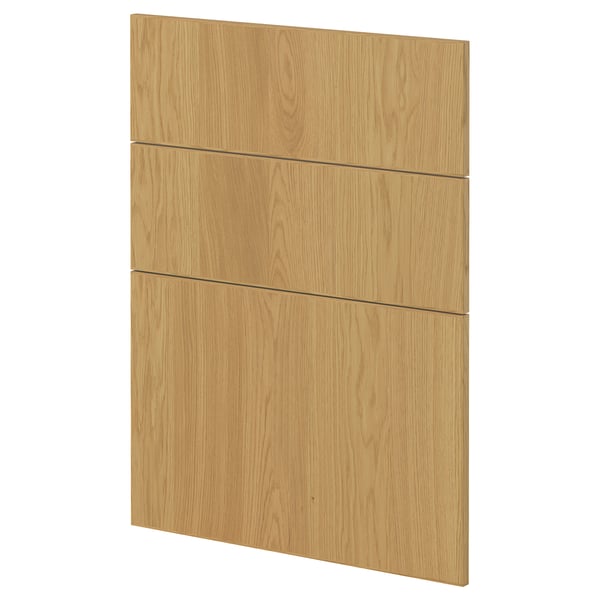 Affiche une porte d’armoire en bois brun clair avec un design élégant et moderne et trois panneaux horizontaux.