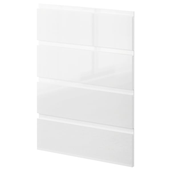 Armoire de cuisine moderne blanche brillante avec un design élégant et des poignées intégrées minimalistes.