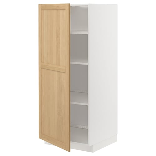 Armoire de cuisine METOD avec porte en chêne ouverte, intérieur blanc, étagères réglables.