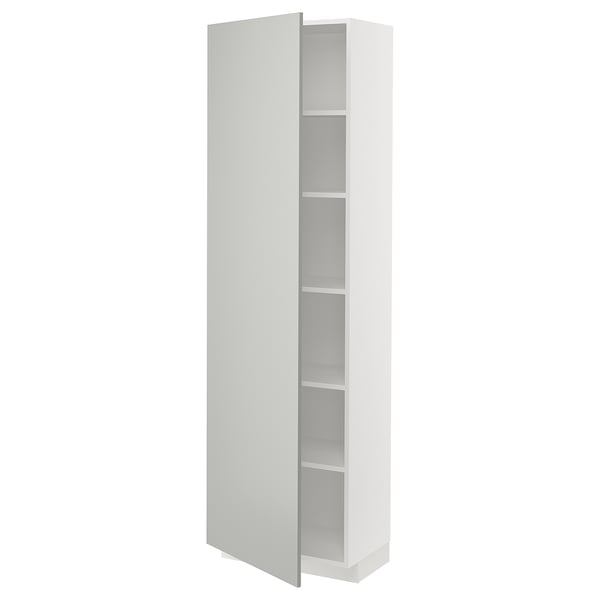 Armoire METOD blanche, gris clair, design moderne, haute avec étagères ouvertes.