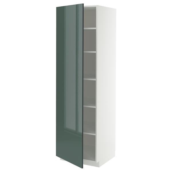 Une armoire de cuisine métro vert brillant avec intérieur blanc et étagères réglables.