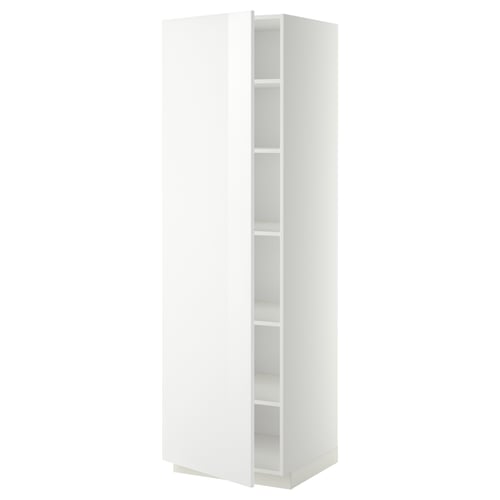 Armoire de cuisine haute METOD blanche avec finition brillante et étagères réglables.
