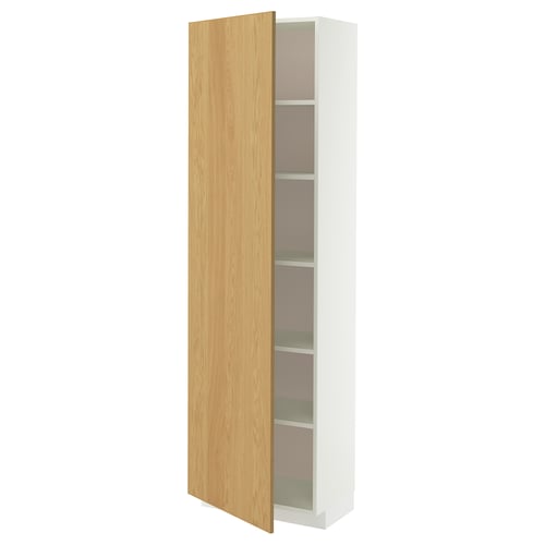Une armoire haute METOD blanche avec une porte en bois clair. Il dispose de plusieurs étagères réglables et est conçu pour le rangement dans la cuisine.