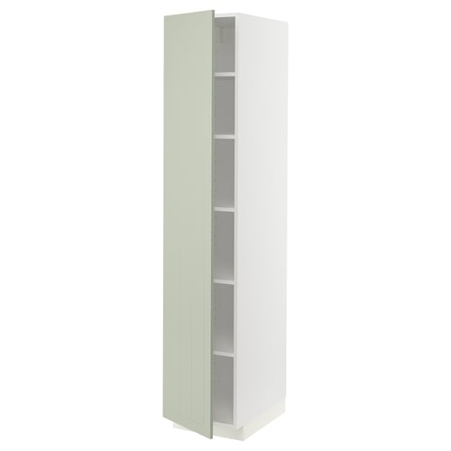 Armoire de cuisine Ikea METOD verte, haute et mince, intérieur blanc avec étagère réglable.