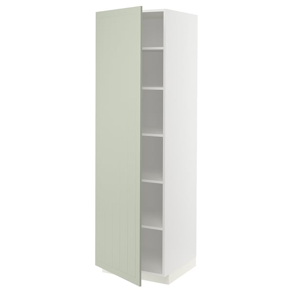 Une armoire de cuisine METOD blanche avec une porte en stensund vert clair, avec des rainures verticales, et trois étagères réglables à l’intérieur.