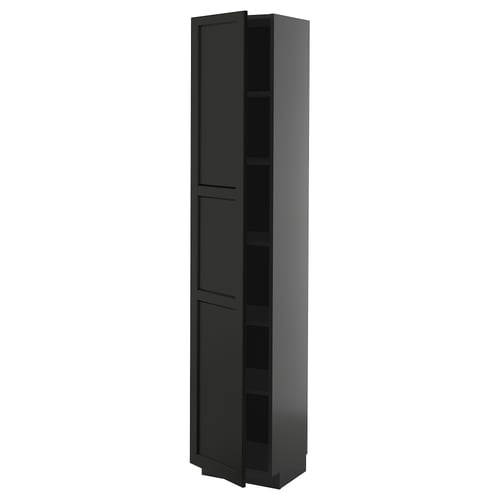 Une grande armoire de cuisine noire avec des étagères réglables et des portes réversibles.