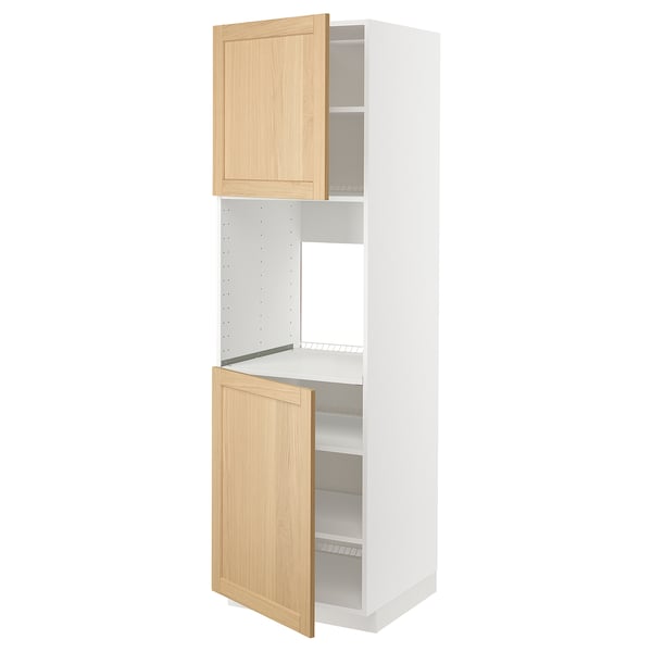 Armoire de cuisine METOD, blanc et bois clair, rectangulaire avec étagères réglables et bords biseautés.