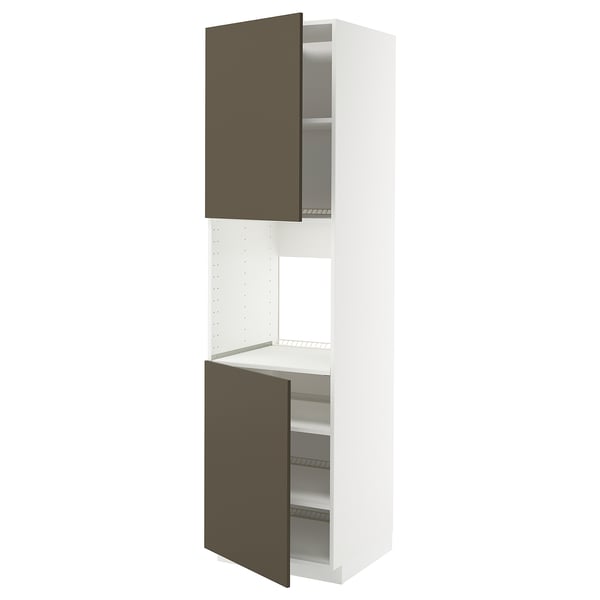 Armoire haute blanche et marron avec portes ouvertes.