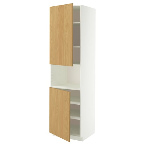 METOD Armoire micro-ondes+2ptes/tablette, blanc/Sinarp plaqué chêne, 60x60x220 cm