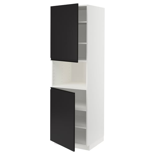 Un meuble de cuisine METOD blanc et noir avec des portes ouvertes. Il s’agit d’un design moderne et minimaliste avec des portes noires mates et des étagères réglables.