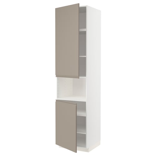 Armoire de cuisine METOD blanche avec portes de couleur beige et bords chanfreinés.