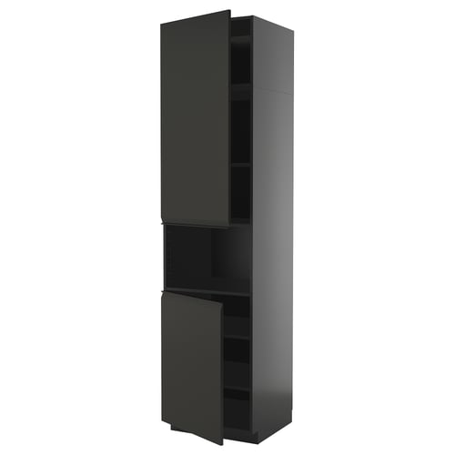 Armoire de cuisine moderne noire avec une finition mate élégante et une poignée minimaliste, haute et rectangulaire.