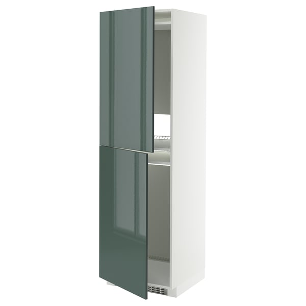 Armoire blanche haute moderne avec portes vertes brillantes, étagères réglables.