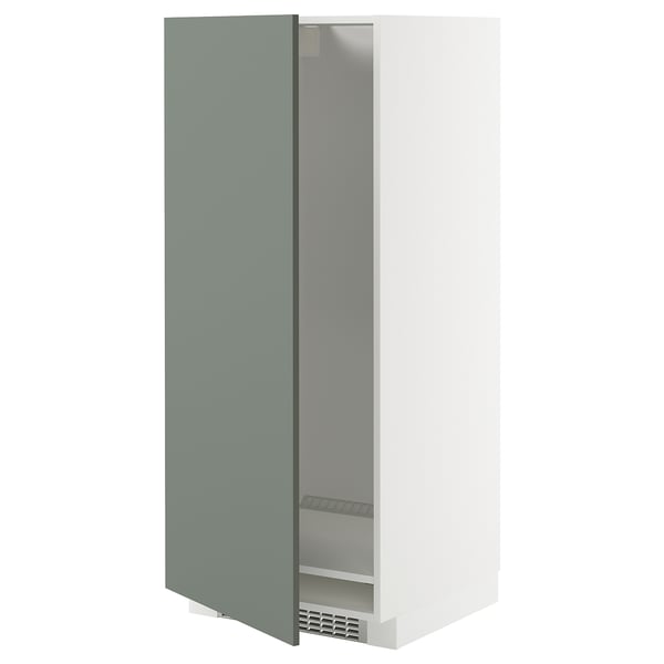 Armoire de cuisine moderne avec porte gris verdâtre et corps blanc. Design mince, idéal pour les espaces compacts.