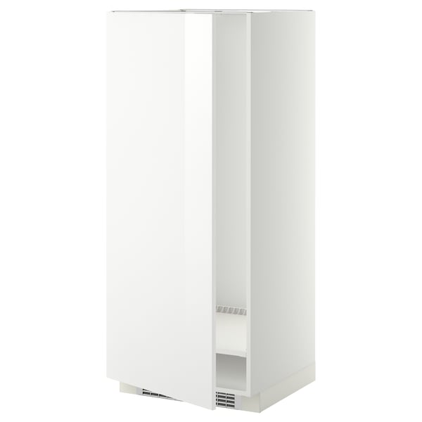 Une armoire de cuisine METOD blanche avec une finition brillante et un design élégant. Il s’agit d’une haute structure rectangulaire avec une porte et une étagère intérieure réglable.
