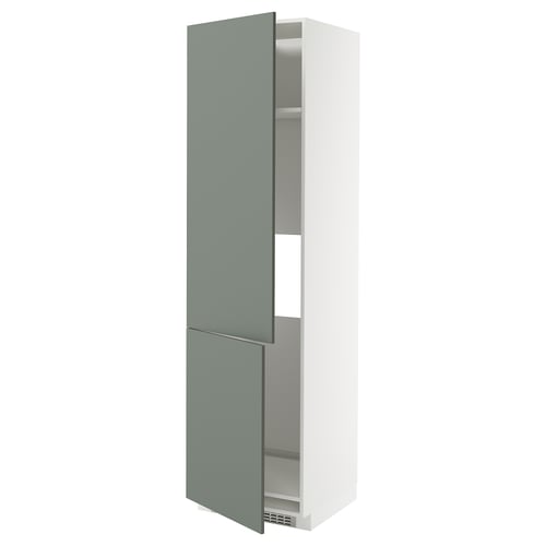 Armoire de cuisine modulaire avec porte gris-vert, étagères réglables, charnières à encliquetage.