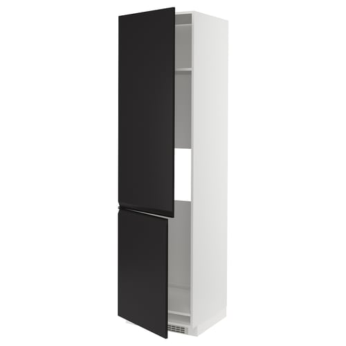 Armoire de cuisine moderne noir-blanc avec des portes élégantes et des étagères réglables.