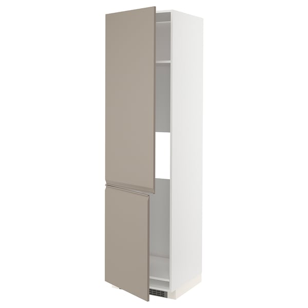 Grande armoire blanche avec portes beiges, poignées minces, trois étagères.