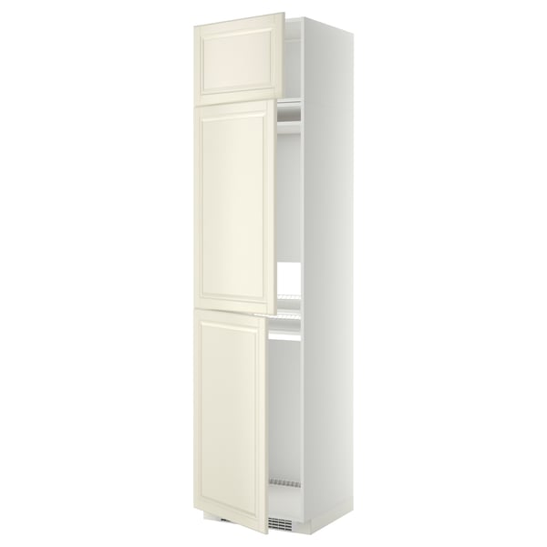 Armoire de cuisine METOD en blanc cassé avec bords biseautés, haute et mince, dotée de deux portes et d’étagères réglables.