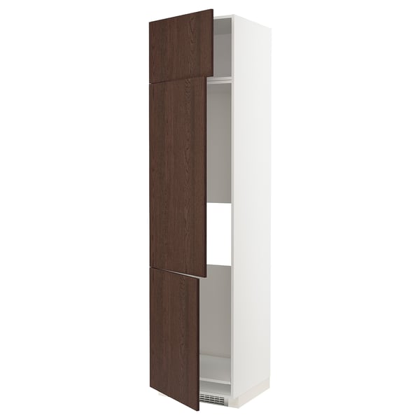 Armoire de cuisine METOD, haute, cadre blanc, portes en bois brun foncé, étagères réglables.