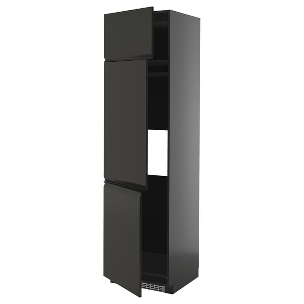 Armoire de cuisine haute moderne noire, façades upplöv mates, étagères réglables.