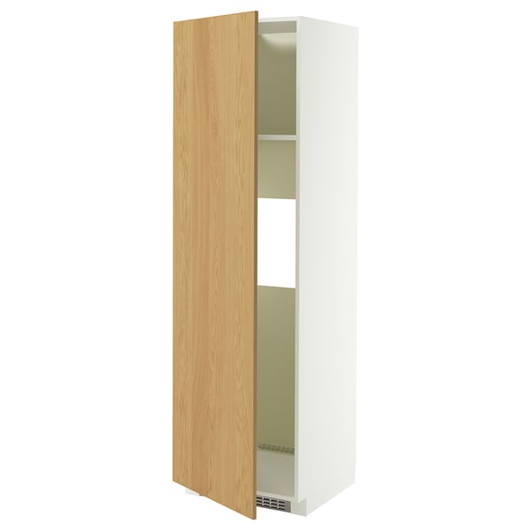 METOD Armoire réfrigérateur/congél+pte, blanc/Sinarp plaqué chêne, 60x60x200 cm