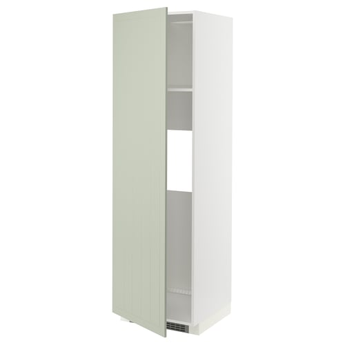 Armoire verte METOD, haute avec une étagère visible, porte à charnière droite, cadre blanc.