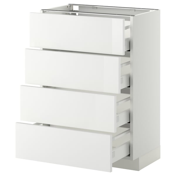 Un meuble de cuisine METOD blanc avec quatre tiroirs coulissants. Le design élégant offre une finition moderne et brillante.