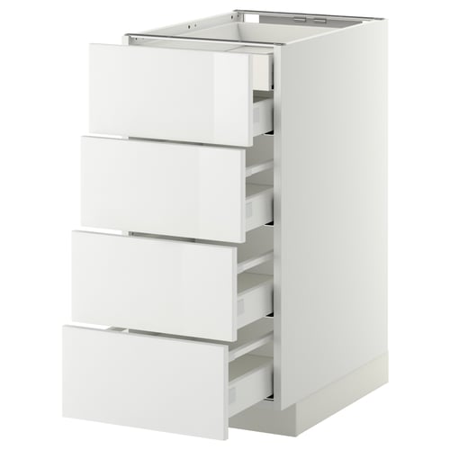 Une armoire de cuisine METOD blanche et moderne avec quatre tiroirs lisses et blancs. Il est élégant et fonctionnel pour le rangement.