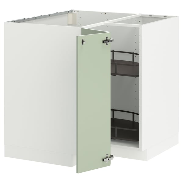 Unité de cuisine METOD : blanche avec porte verte, forme carrée, design moderne, cadre robuste, étagères réglables.