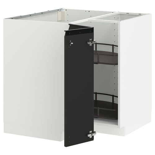 Armoire de cuisine moderne blanc cassé avec porte noire, avec étagères coulissantes, charnières métalliques.