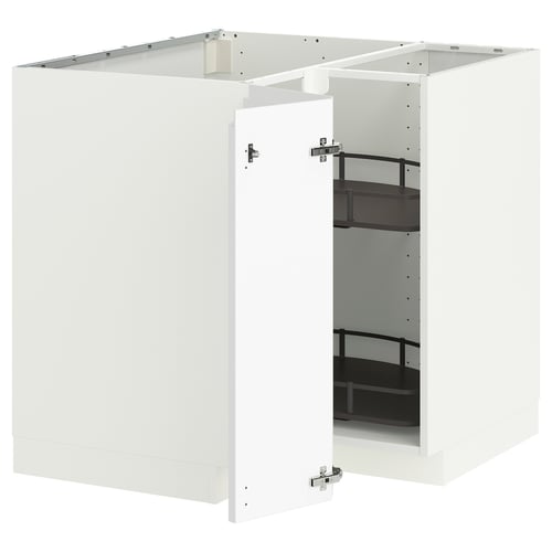 Un ensemble de meubles de cuisine METOD blancs au design minimaliste. Il se compose d’une armoire de base d’angle et d’une étagère escamotable.