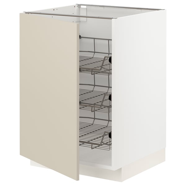 Armoire de cuisine METOD blanche, porte beige, étagères en fil métallique.