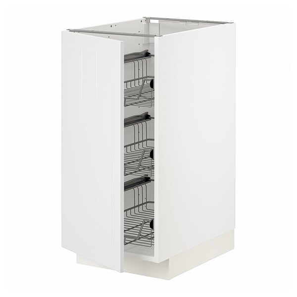 Armoire METOD blanche, de forme carrée avec plusieurs étagères en fil de fer pour casseroles et poêles, design élégant et moderne.