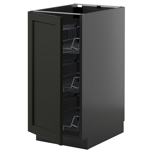 Armoire de cuisine METOD en gris foncé avec étagères de rangement en fil métallique coulissantes.