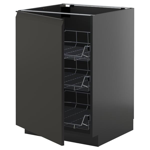 Armoire de cuisine noire moderne avec grilles coulissantes, design élégant.