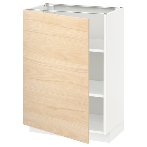 Armoire de cuisine METOD avec porte en frêne clair ouverte, cadre blanc.