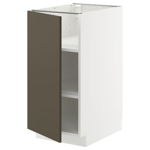 Armoire de cuisine METOD blanche, porte marron foncé, étagères réglables.